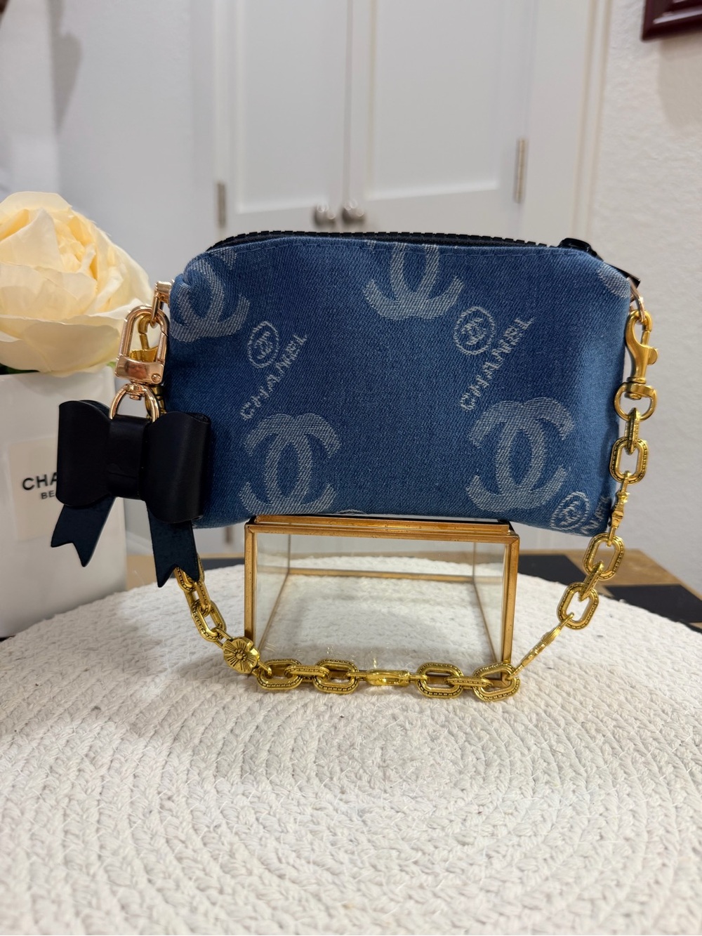 NEW | Blue Denim Logo Cosmetic Pouch with Gold-Tone Chain Strap & Bow Charm - Picture 3 of 9